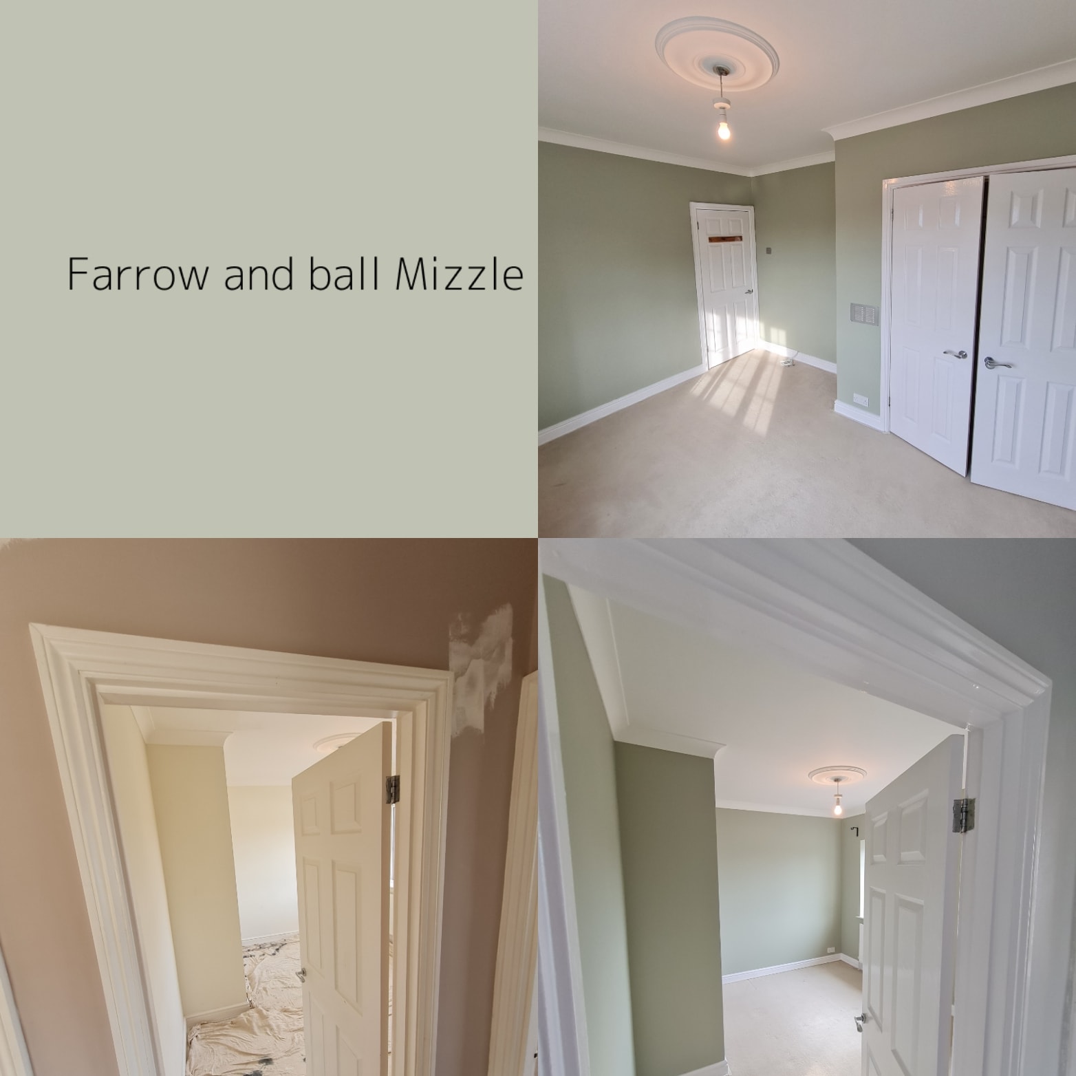 Master bedroom painted in Farrow & Ball Mizzle — before and after, Buckingham