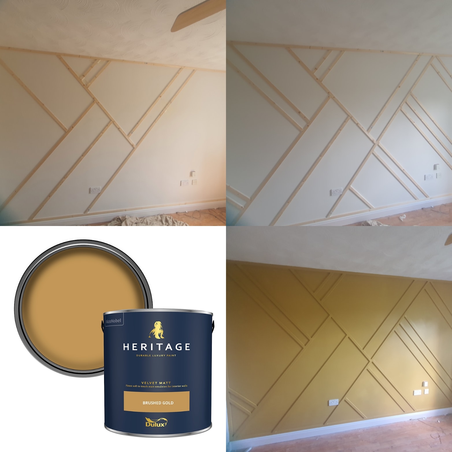 Geometric diamond feature wall in Dulux Heritage Brushed Gold