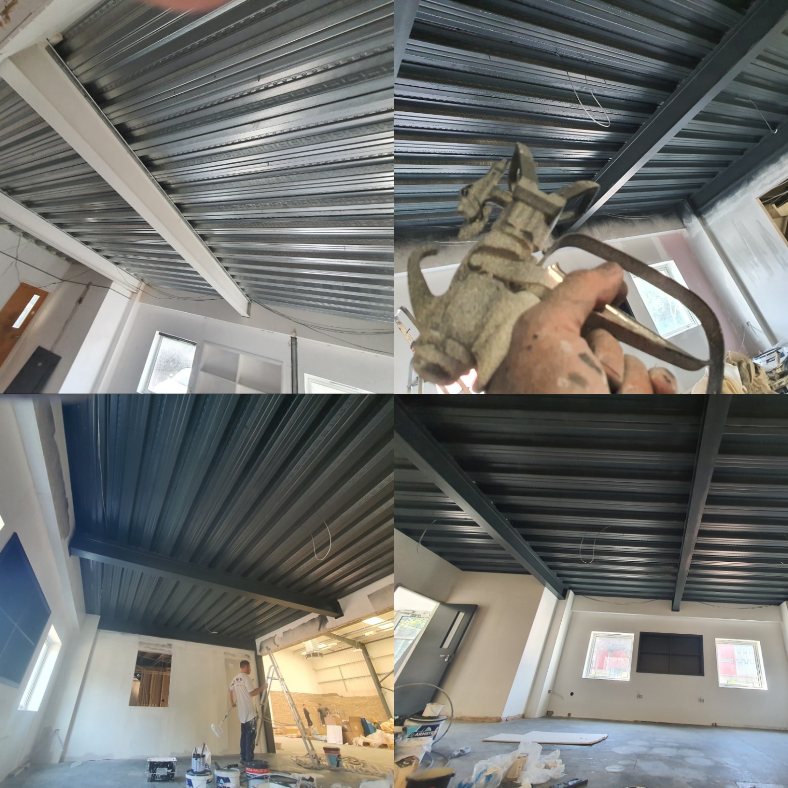 Industrial corrugated steel ceiling airless spray painted in anthracite — before and after, Milton Keynes