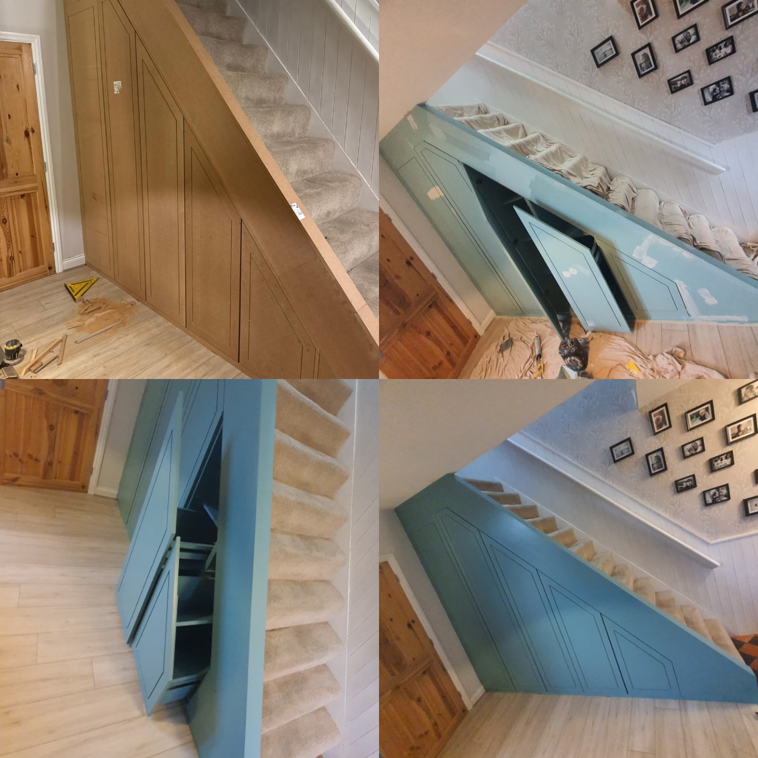 Under-stairs storage unit painted duck egg blue