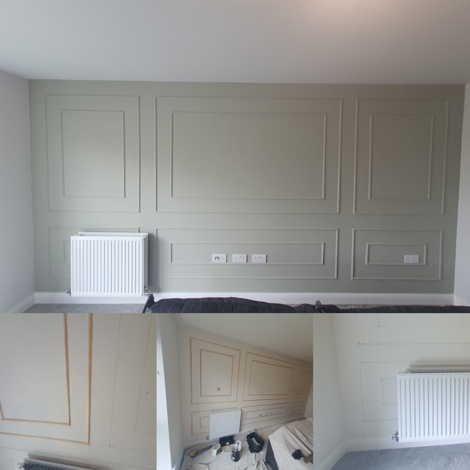 Feature wall panelling — Farrow & Ball Mole's Breath with white mouldings