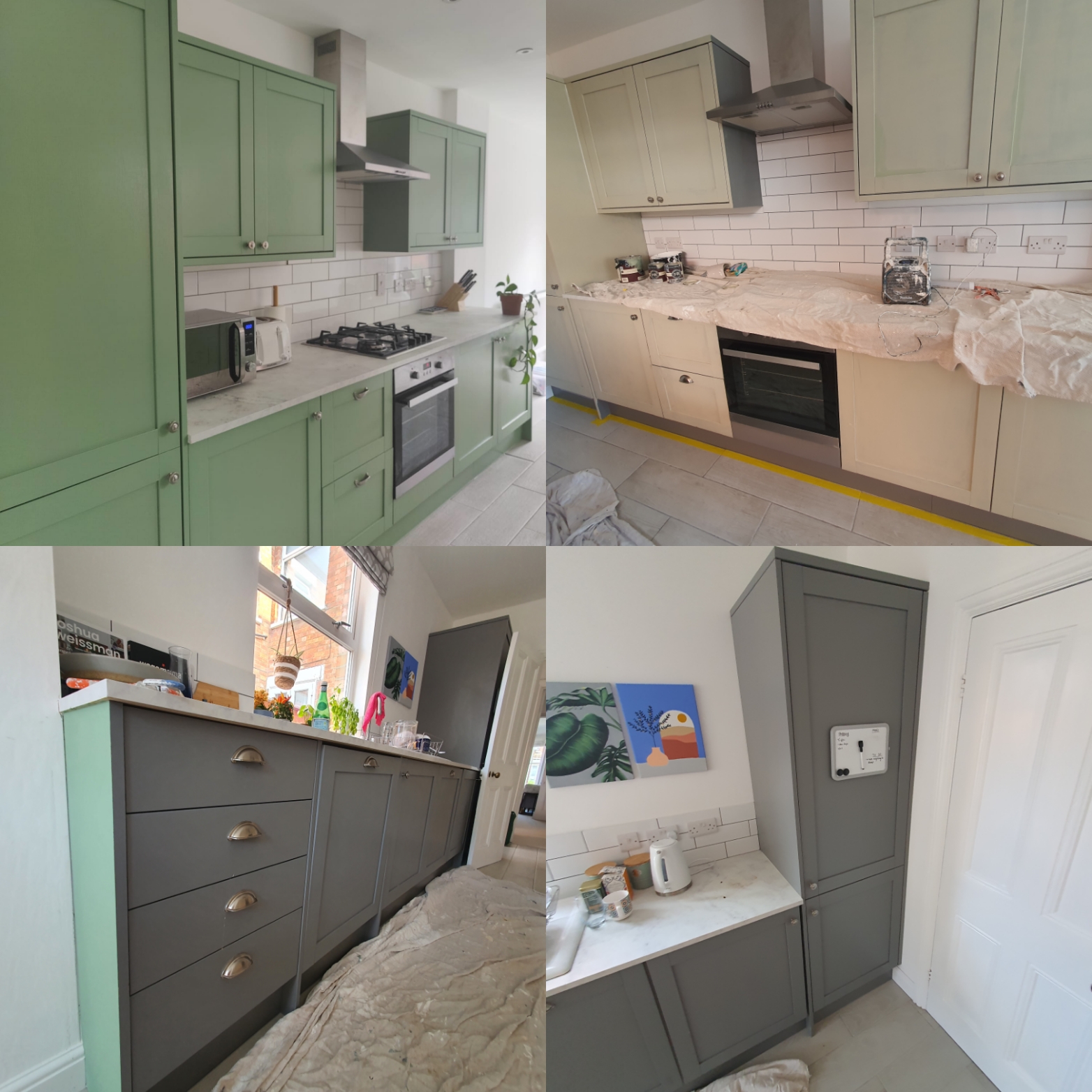 Kitchen cabinet painting — sage green and slate grey Shaker units