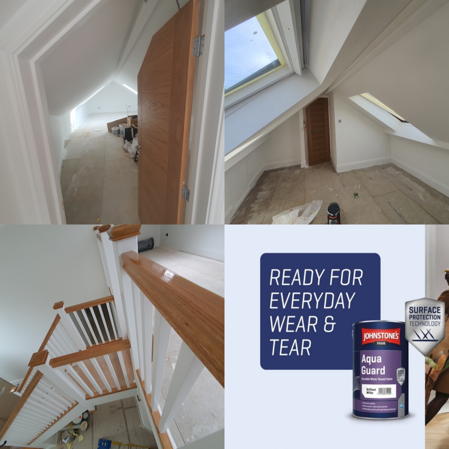 Loft conversion — white woodwork, Johnstone's Aqua Guard satin finish on staircase