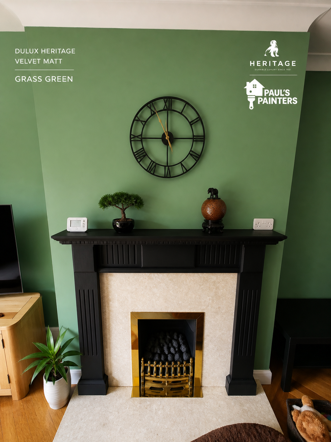 Dulux Heritage Grass Green — feature wall with fireplace