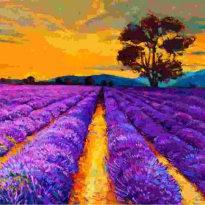 An oil painting of a lavender field at sunset.