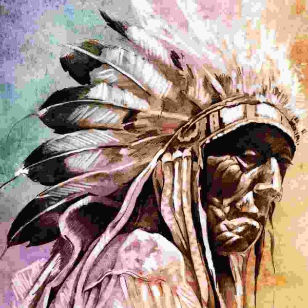 An oil painting of an Indian chief with feathers.