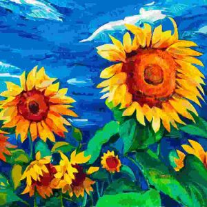 A painting of sunflowers on a blue sky