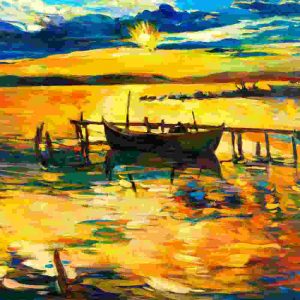 A painting of a boat docked in the water at sunset.