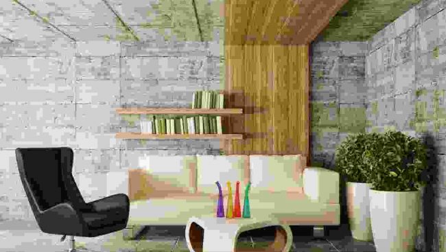 A living room with a white couch and green plants.