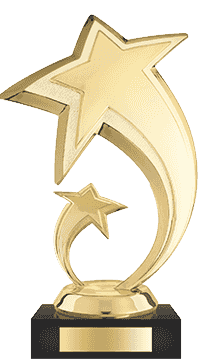A gold star award on a black base.