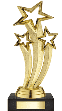 A gold star award trophy on a black background.