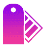A purple and pink tag on a blue background.