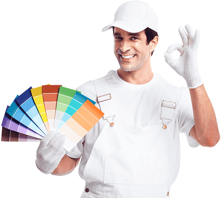 A man with a white helmet holding paint paper palettes