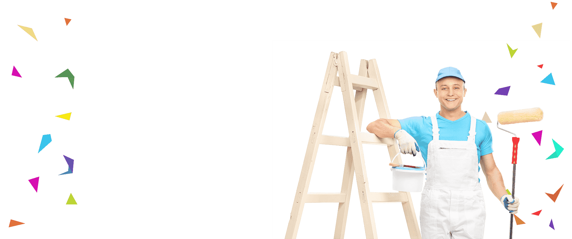 A man holding a paint brush and a ladder in front of confetti.