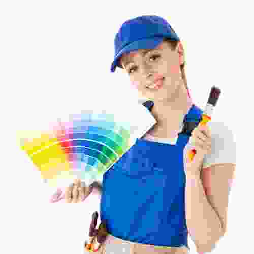 A woman holding a paint palette and a paint brush.