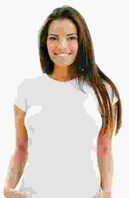 A woman wearing a white t - shirt.