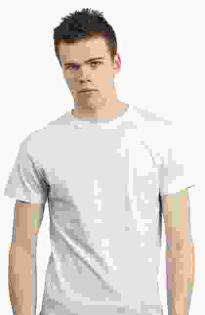 A young man wearing a white t - shirt.