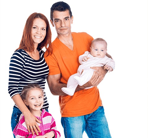A family with a baby and a toddler posing for a photo.