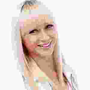 A pixelated image of a woman with blonde hair.