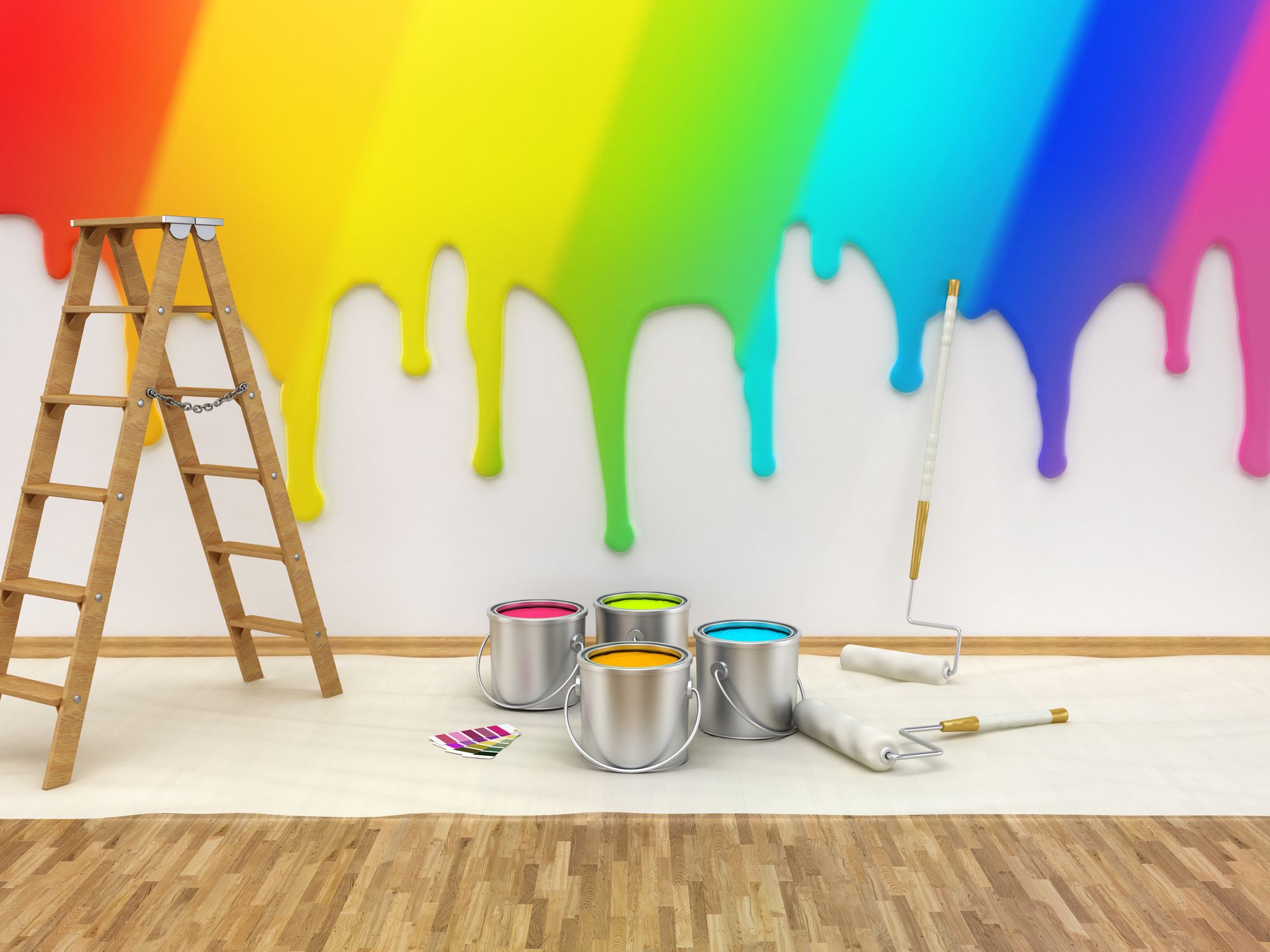 Paint dripping on a wall with a ladder and paintbrushes.