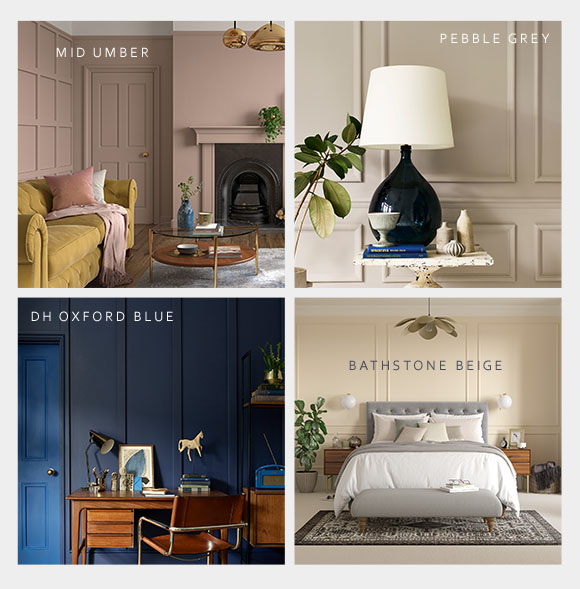 Four different pictures of a living room with different colors.