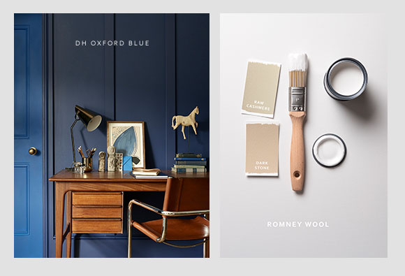 A room with blue walls, a desk, and a paint brush.