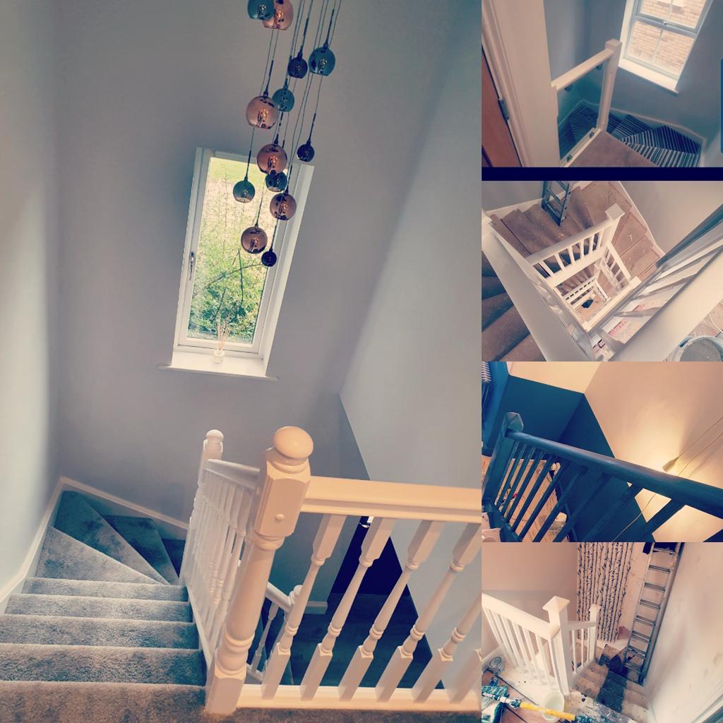 A series of pictures of a stairway with blue and white railings.