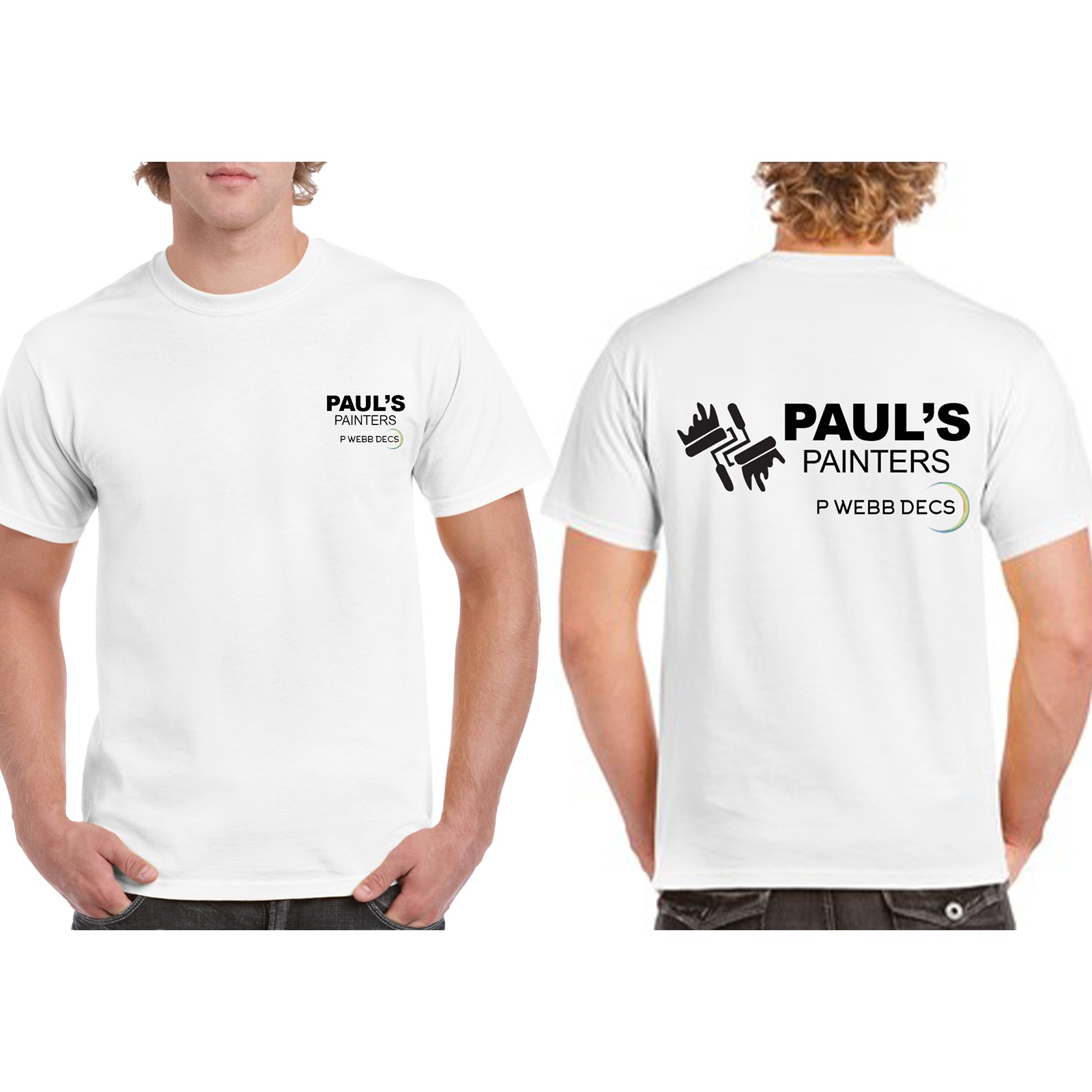 A man wearing a white Paul’s Painters shirt