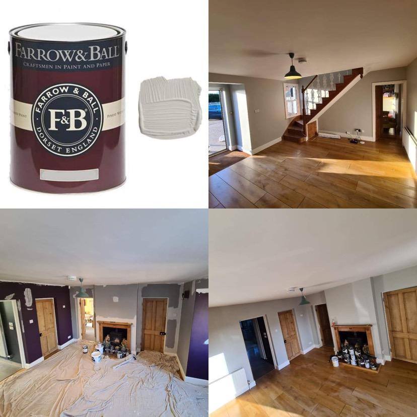 A can of paint and the interior of a house