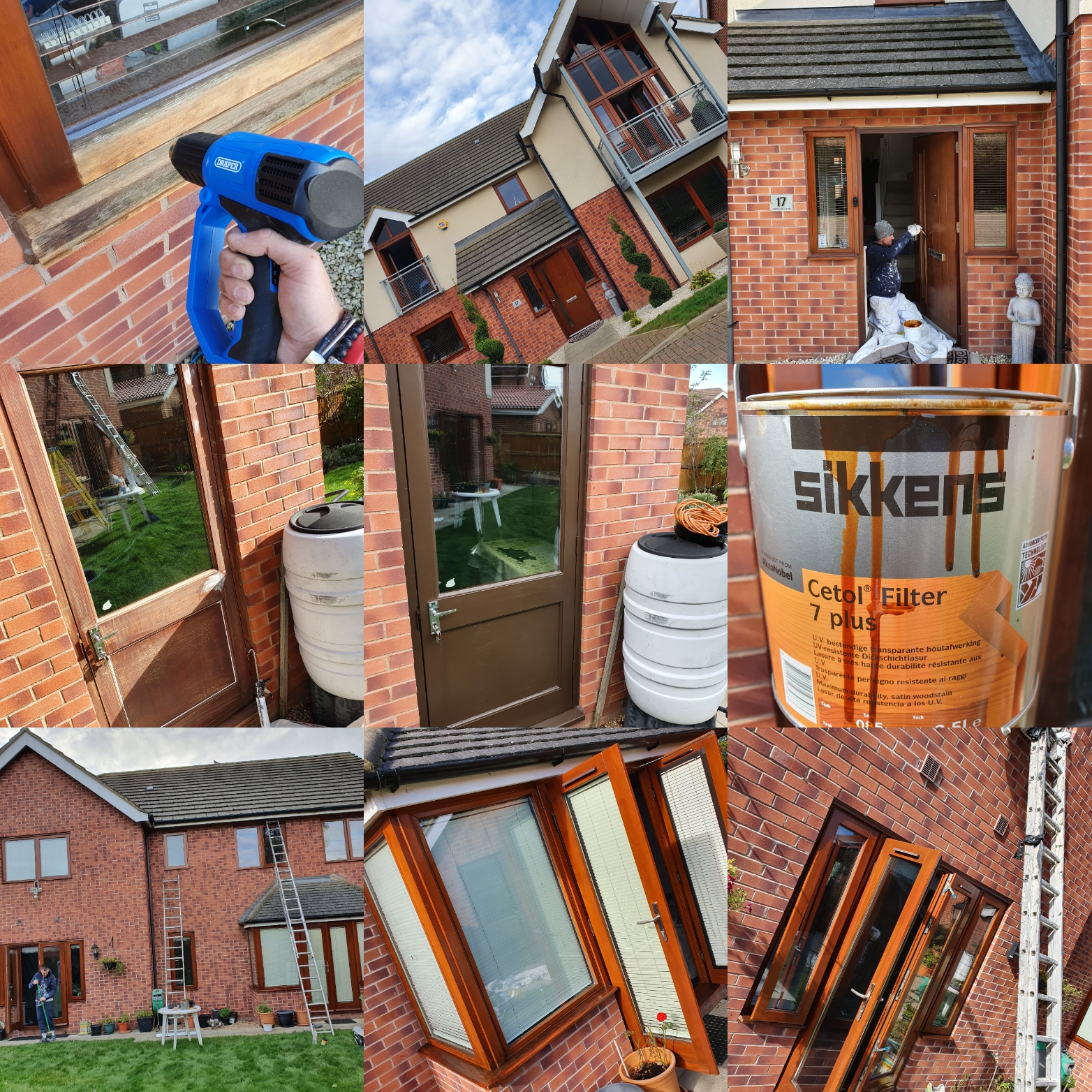 A collage of photos showing the process of painting a house.