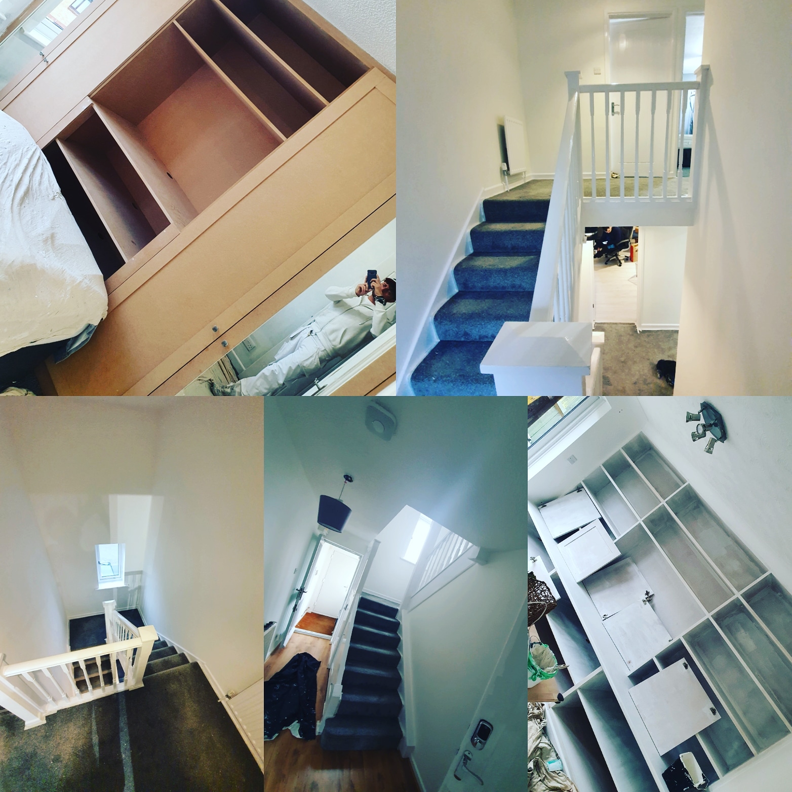 Collage: Bedroom, stairs, and a living room painted in white and gray