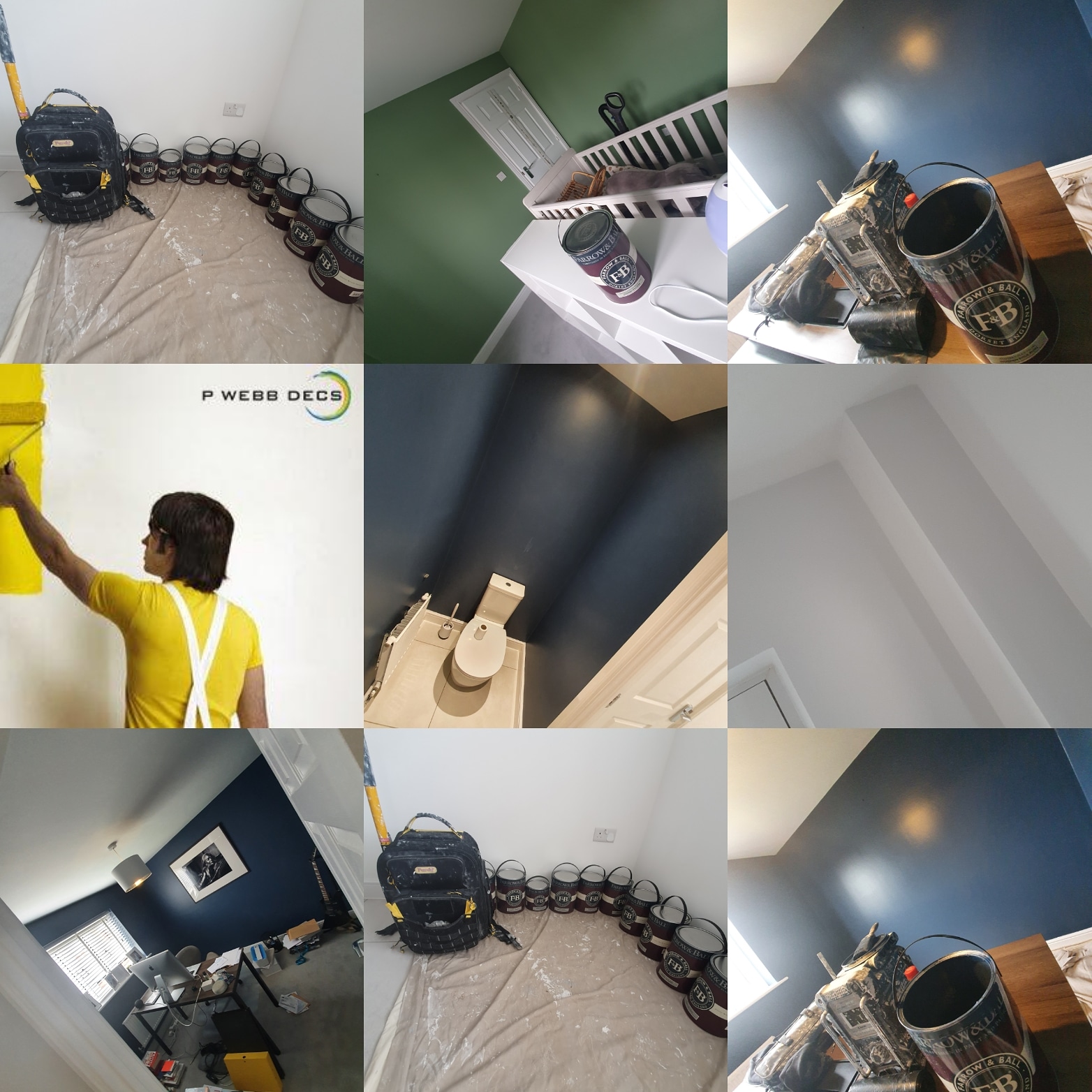 A collage of pictures of a room being painted.