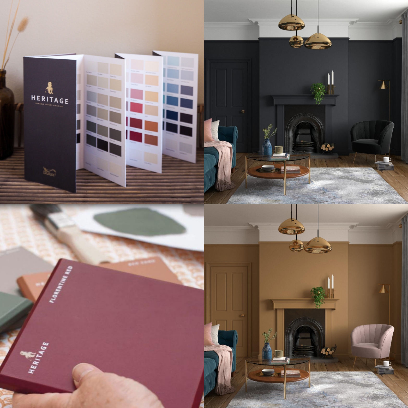 Four pictures of a living room with different color schemes.