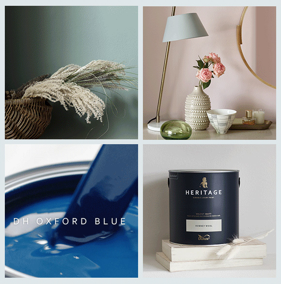 A collage of pictures of blue paint, a vase, and a vase.