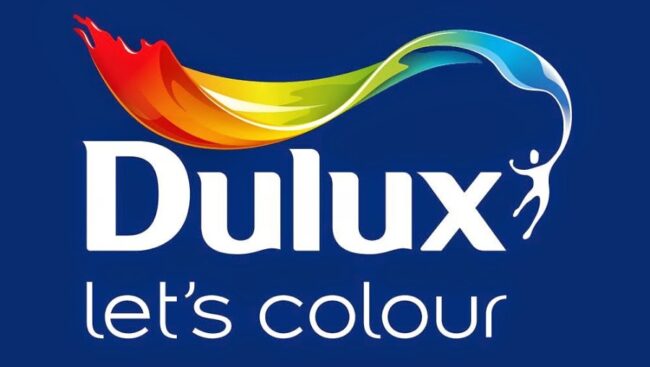The dulux let's colour logo on a blue background.