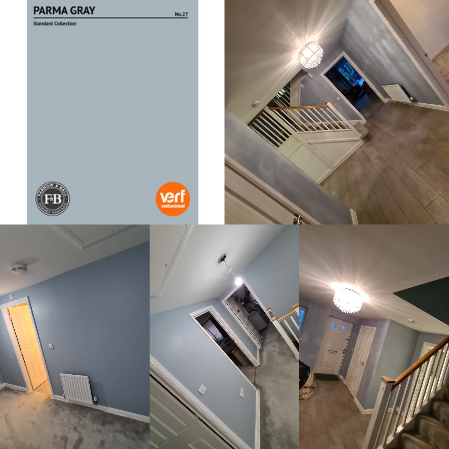 A series of pictures of a hallway with a light blue color.