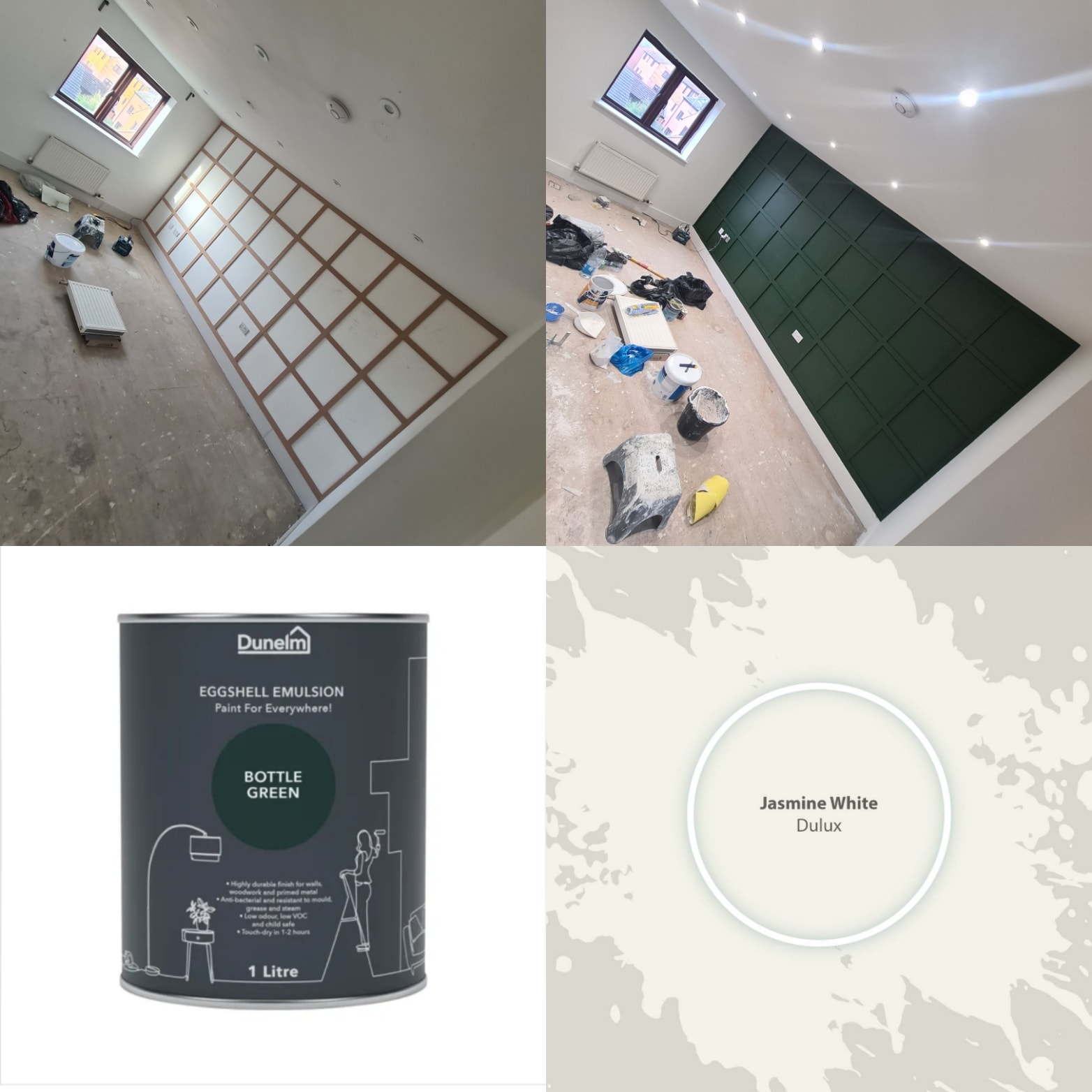 A series of photos showing a room with a green paint.