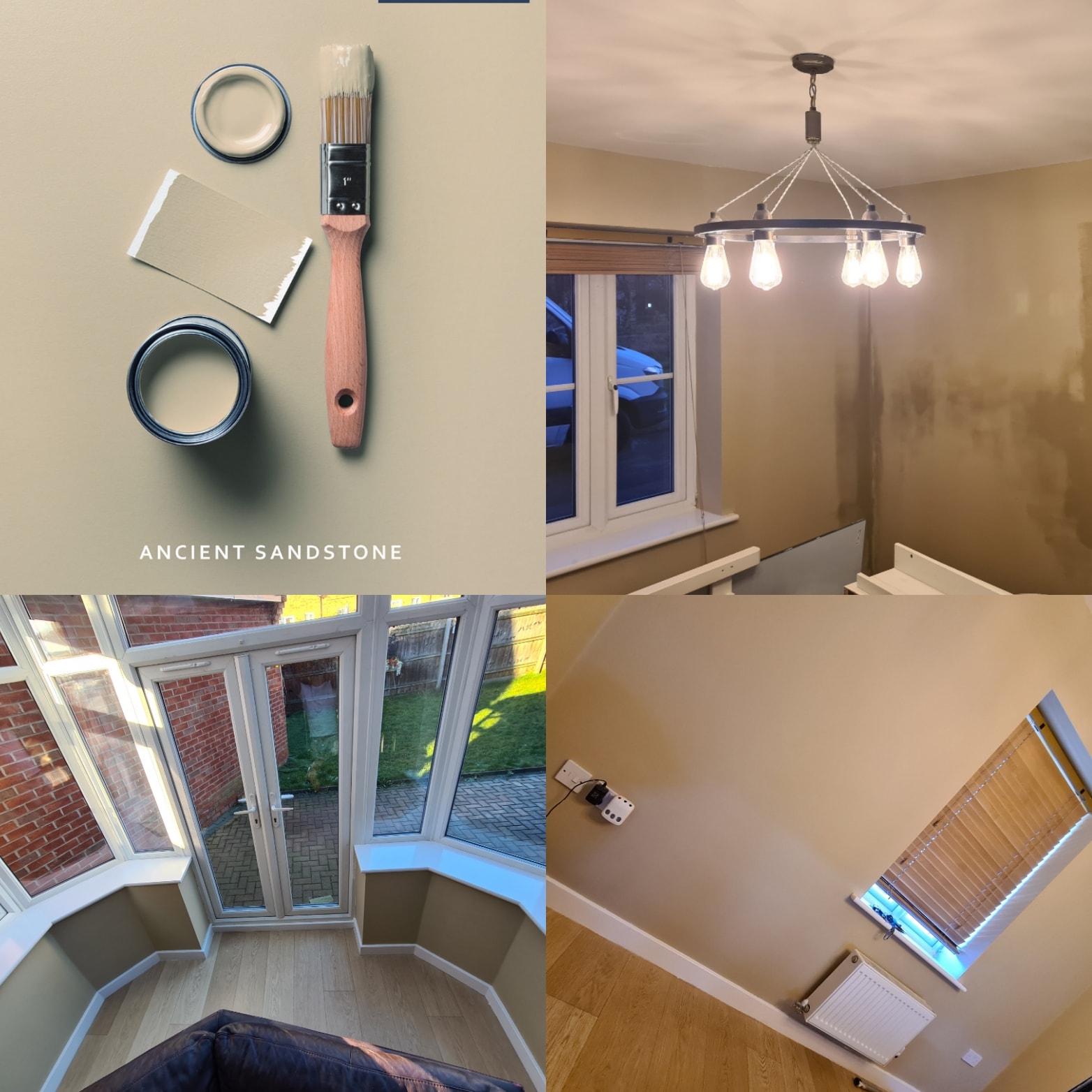 A collage of pictures of a room with a light fixture and a brush.