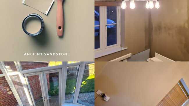 A collage of pictures of a room with a light fixture and a brush.