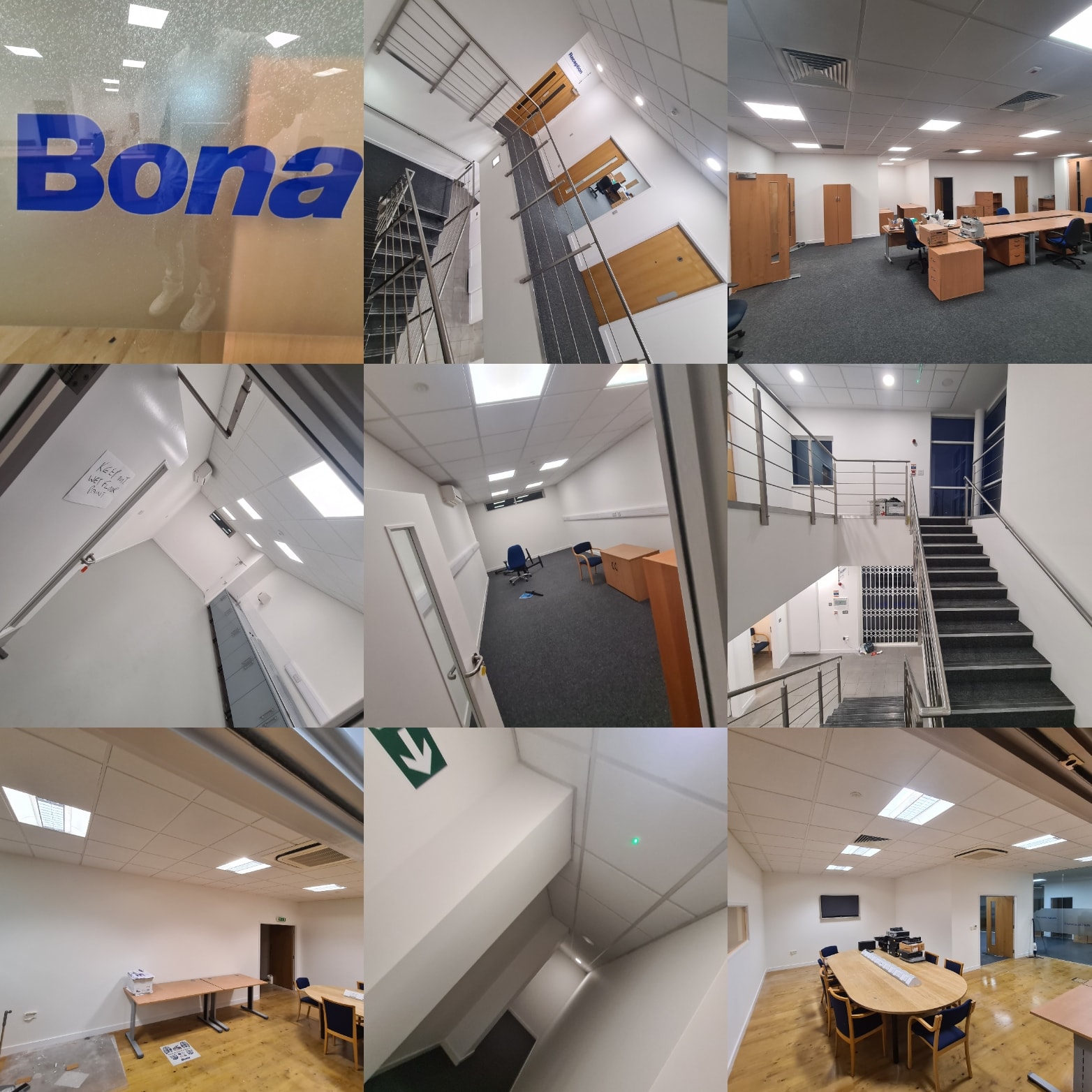 A collage of pictures of an office with a bona logo.