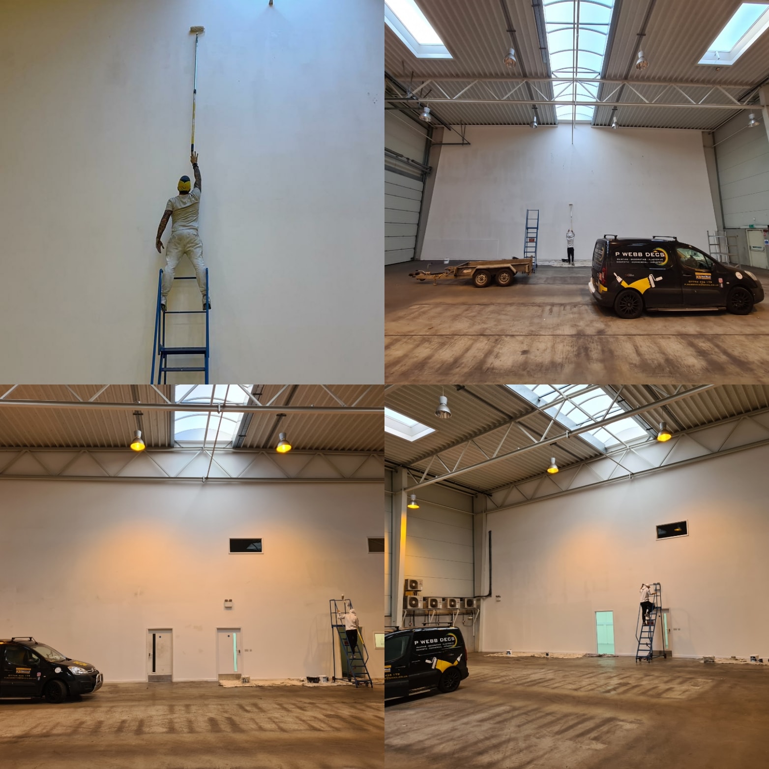 Four pictures of a large warehouse with a painter on a ladder.