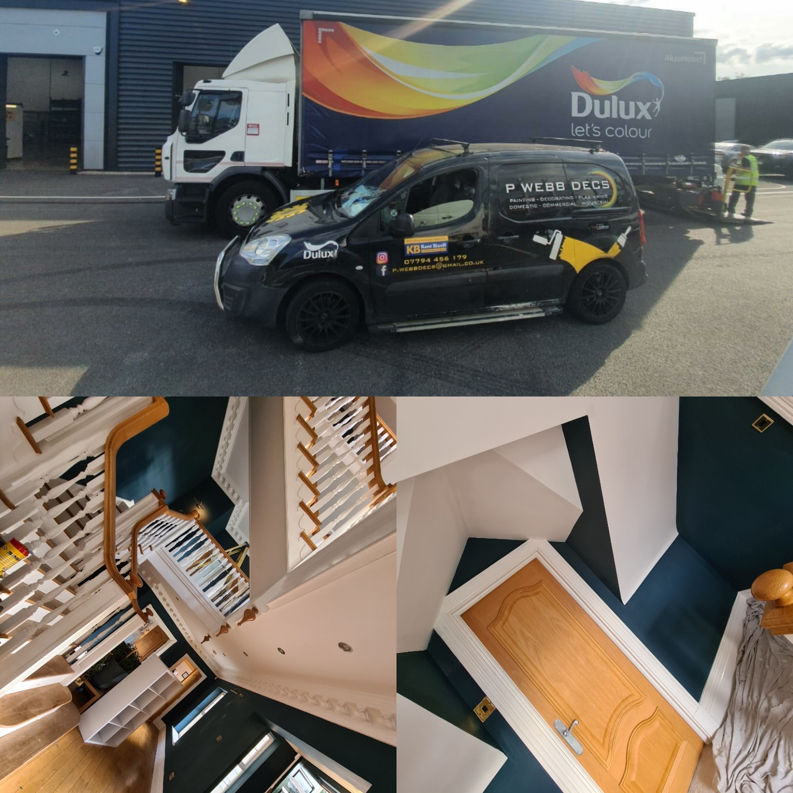 Three pictures of a truck and a van in a parking lot.