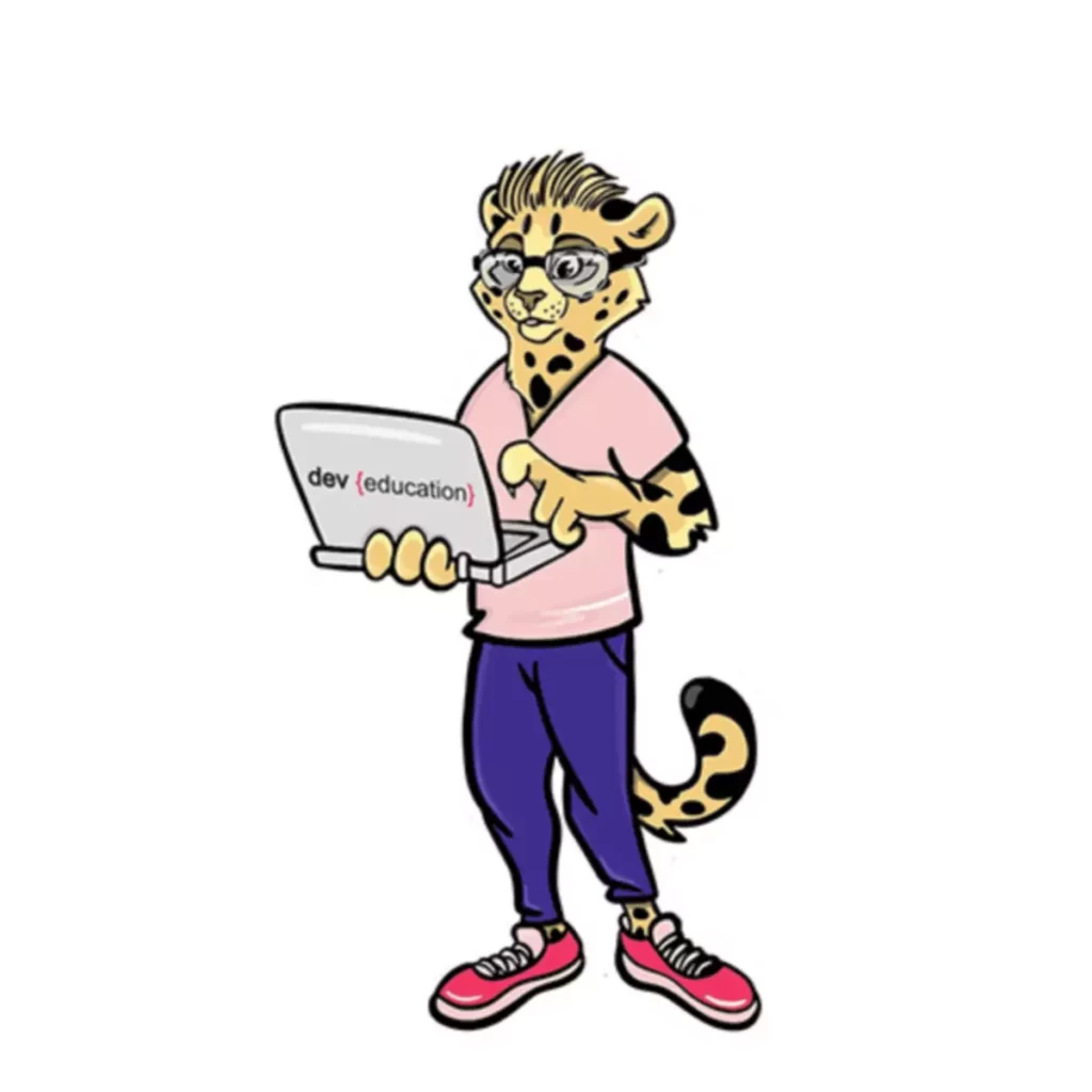 Cartoon cheetah with laptop and glasses.