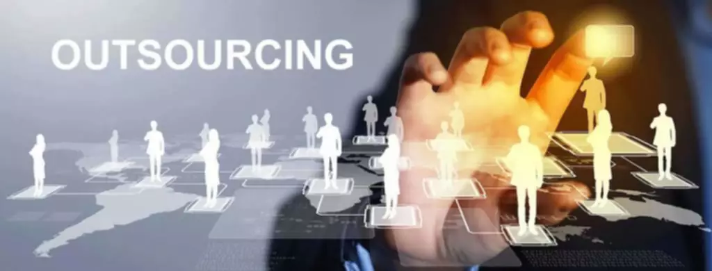 Digital outsourcing concept with virtual figures.