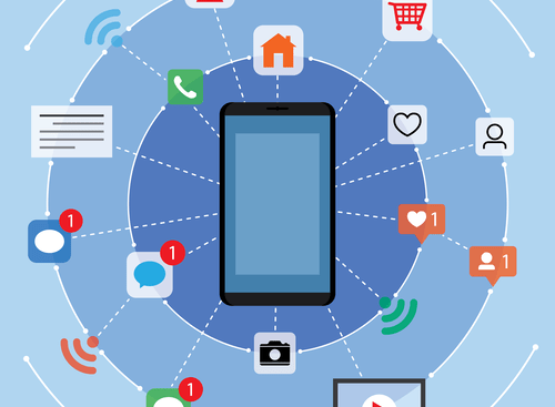 Smartphone surrounded by social media icons.