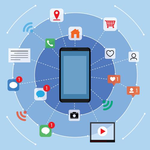 Smartphone surrounded by social media icons.