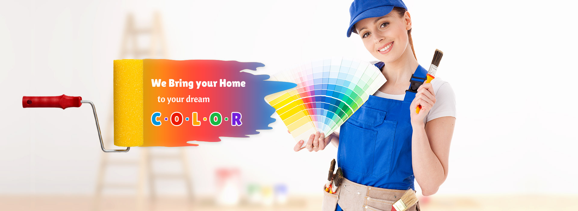 A woman is holding a paint roller and a paint brush.